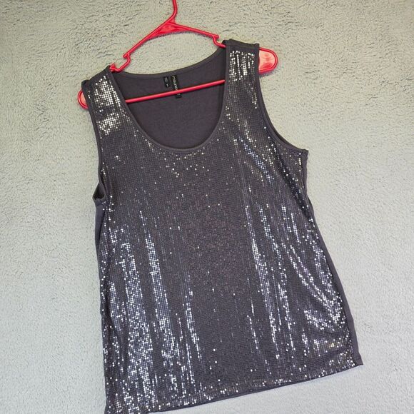 Maurices Top Womens Plus Size‎ 1x Gray Sleeveless Sequin Front Metallic Retro - Picture 1 of 10